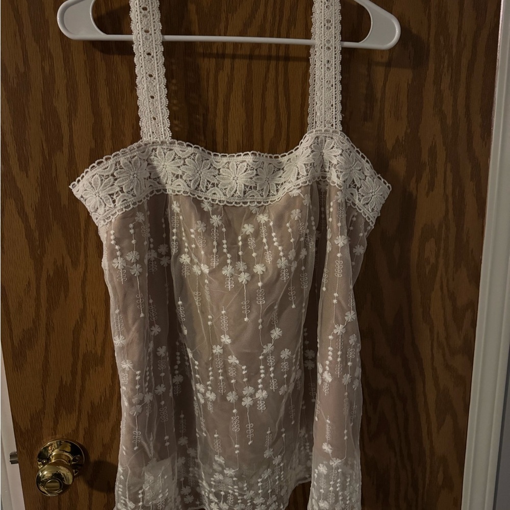 Sheer Embroidered Lace Tank Top - Cream Overlay, XL- NWOT